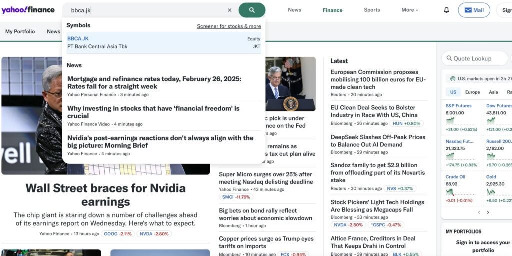 situs web yahoo finance untuk cari data pasar saham